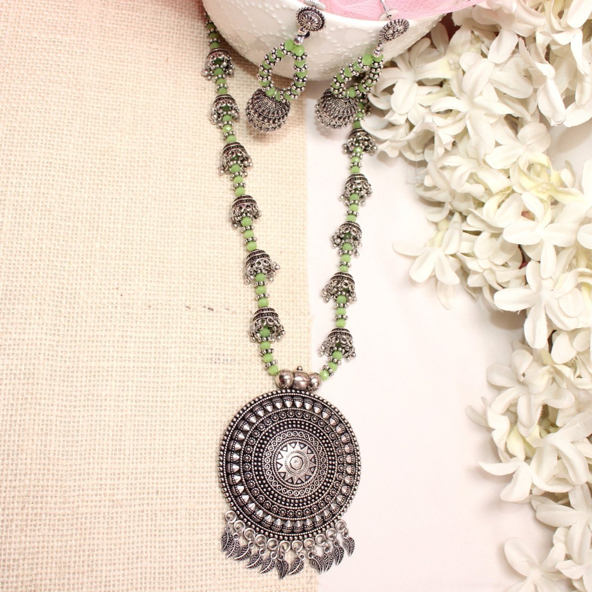 BANJARA PENDANT SET-JHUMKI PATTERN-CHAKRA-GREEN