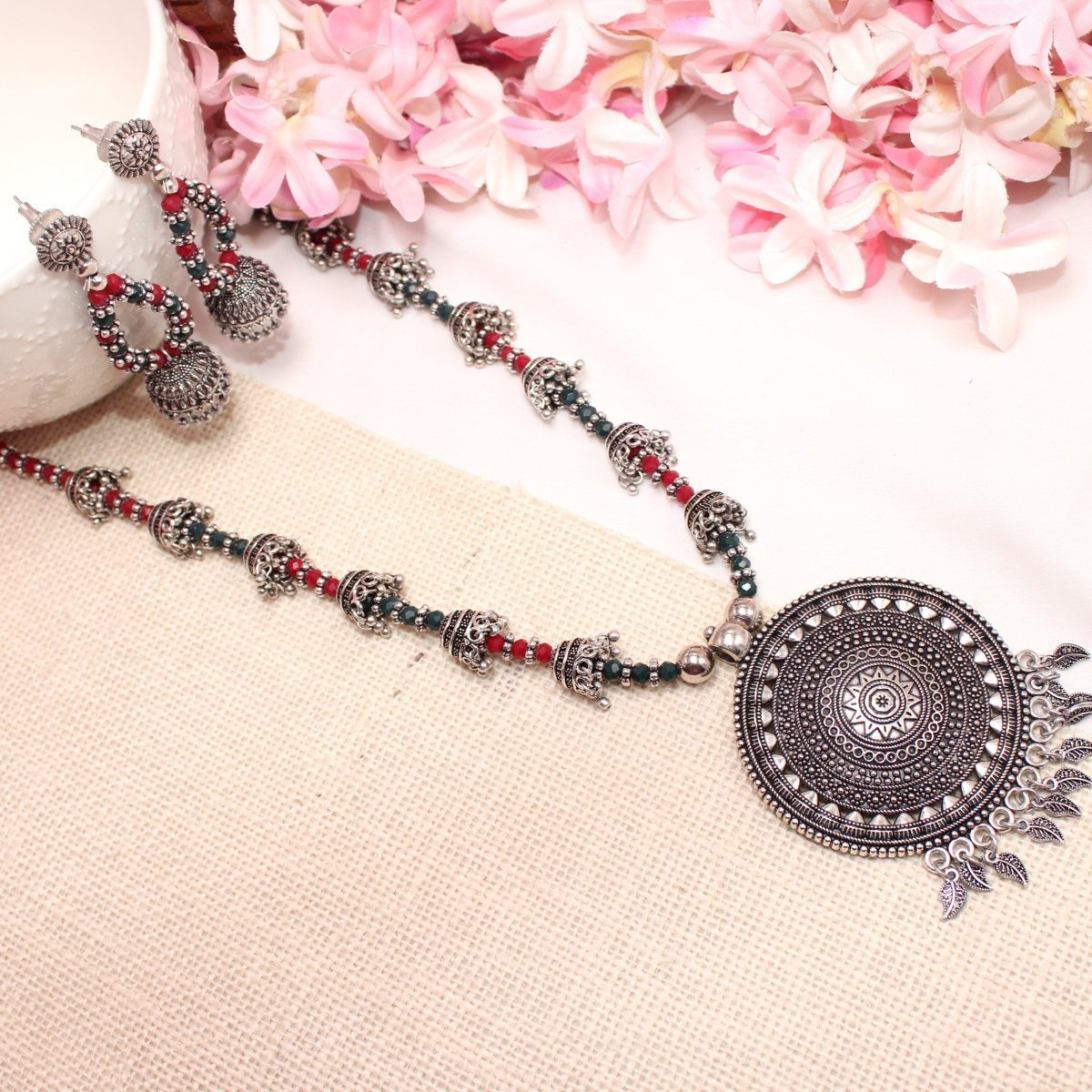 BANJARA PENDANT SET-JHUMKI PATTERN-CHAKRA-MAROON & GREEN