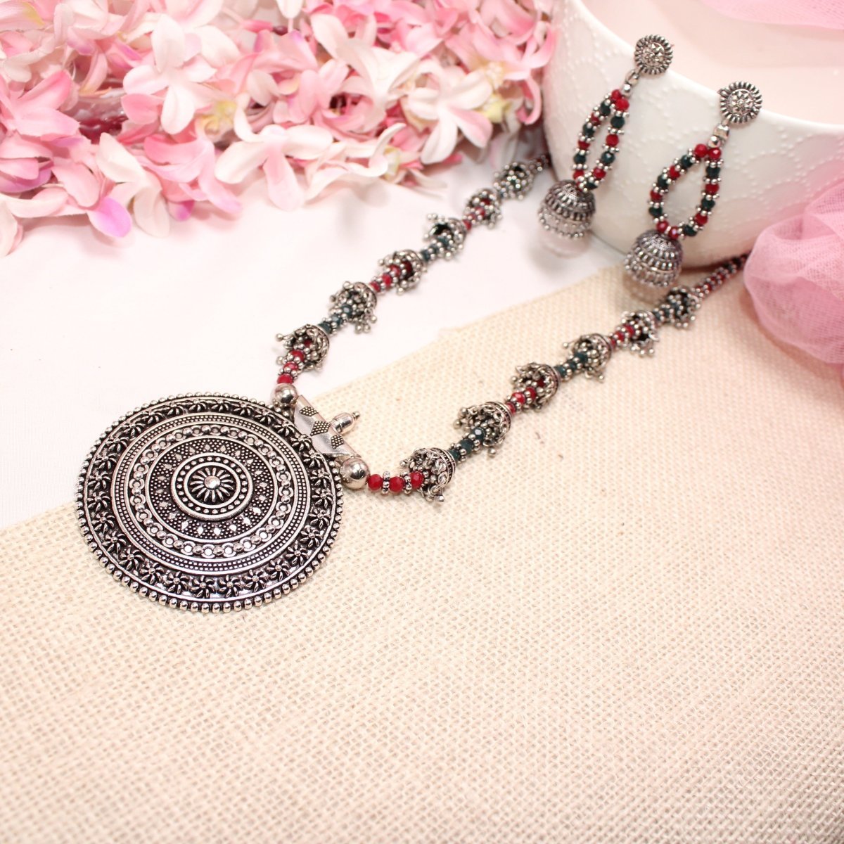 BANJARA PENDANT SET - JHUMKI PATTERN - CHAKRA - MAROON & GREEN