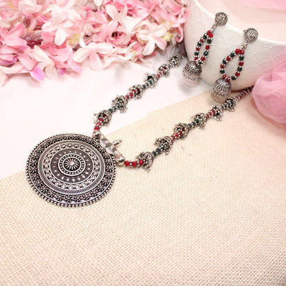 BANJARA PENDANT SET - JHUMKI PATTERN - CHAKRA - MAROON & GREEN