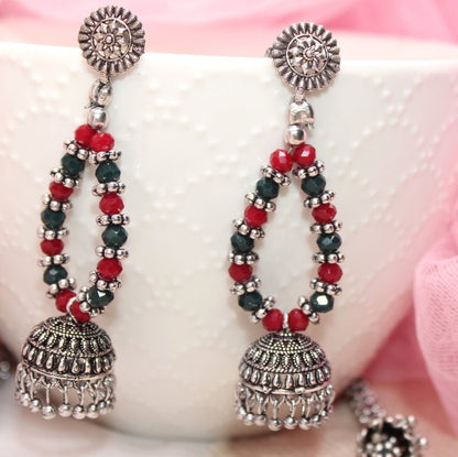 BANJARA PENDANT SET-JHUMKI PATTERN-CHAKRA-MAROON & GREEN