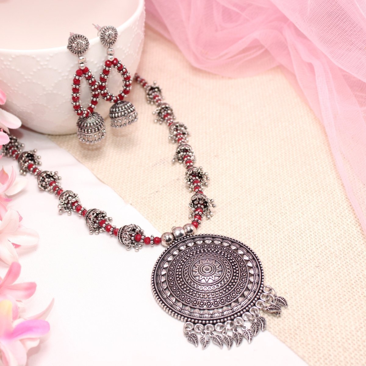 BANJARA PENDANT SET-JHUMKI PATTERN-CHAKRA PATTERN-RED