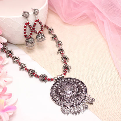 BANJARA PENDANT SET-JHUMKI PATTERN-CHAKRA PATTERN-RED