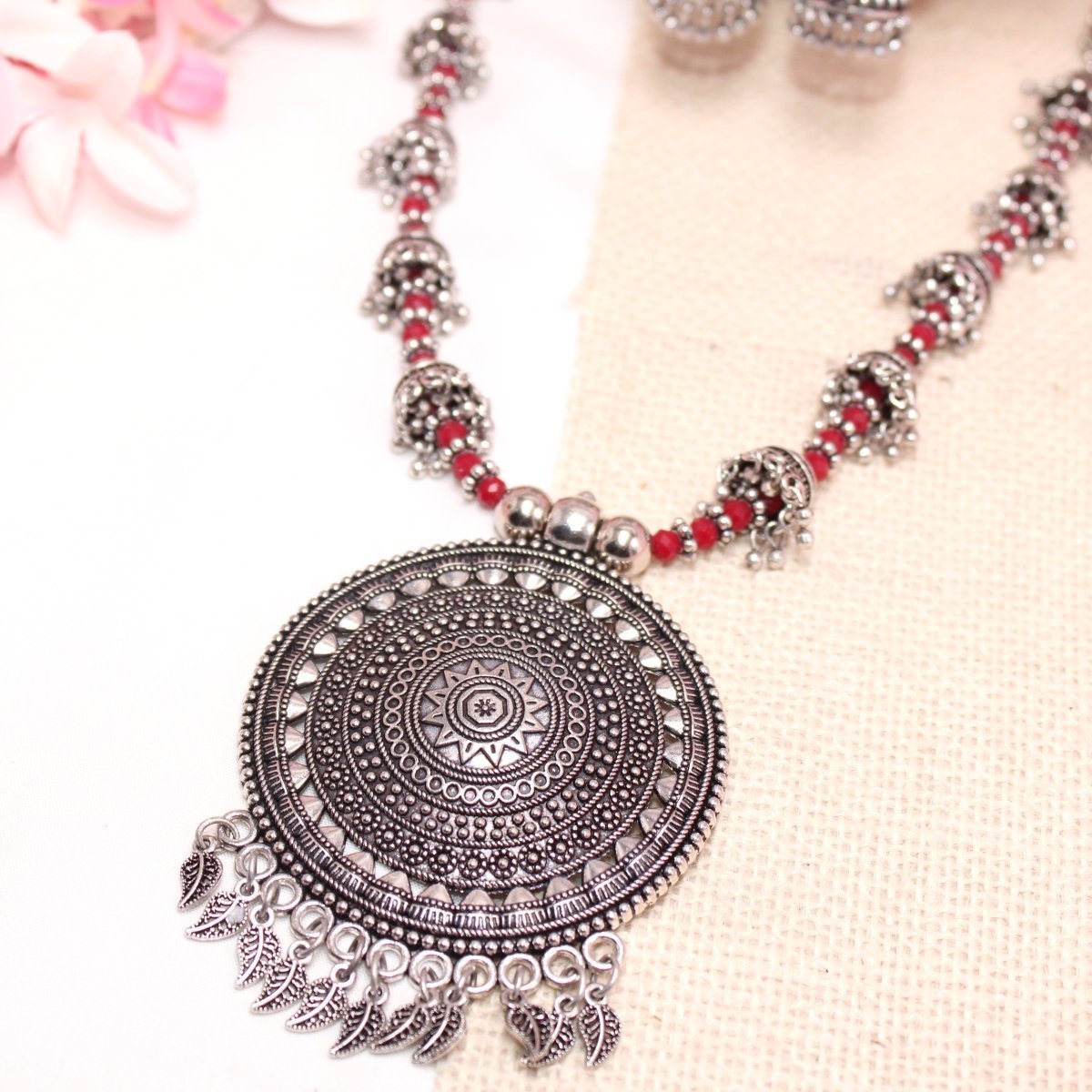 BANJARA PENDANT SET-JHUMKI PATTERN-CHAKRA PATTERN-RED