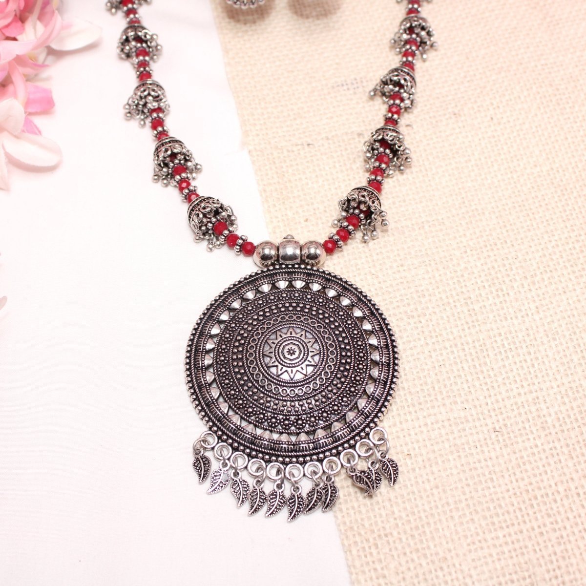 BANJARA PENDANT SET-JHUMKI PATTERN-CHAKRA PATTERN-RED