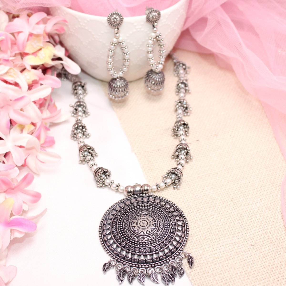 BANJARA PENDANT SET-JHUMKI PATTERN-CHAKRA PATTERN-WHITE