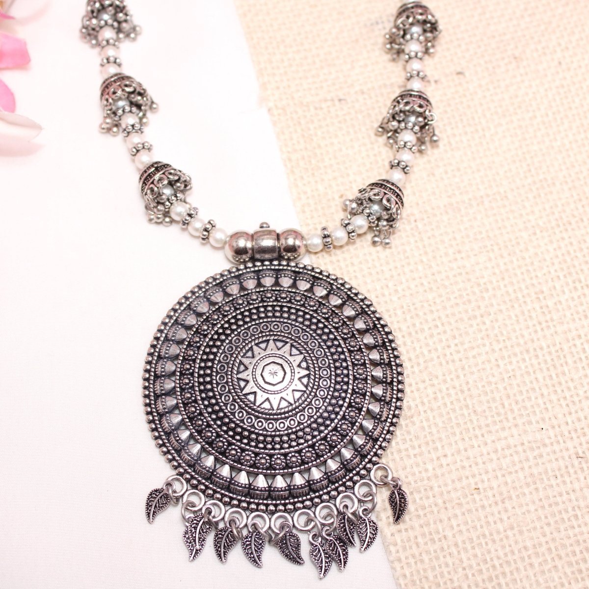 BANJARA PENDANT SET-JHUMKI PATTERN-CHAKRA PATTERN-WHITE