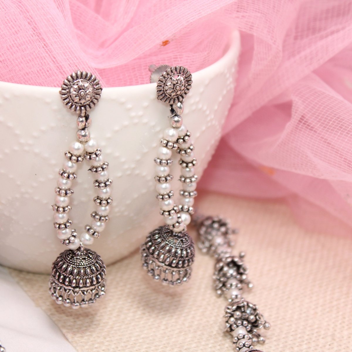 BANJARA PENDANT SET - JHUMKI PATTERN - CHAKRA PATTERN - WHITE