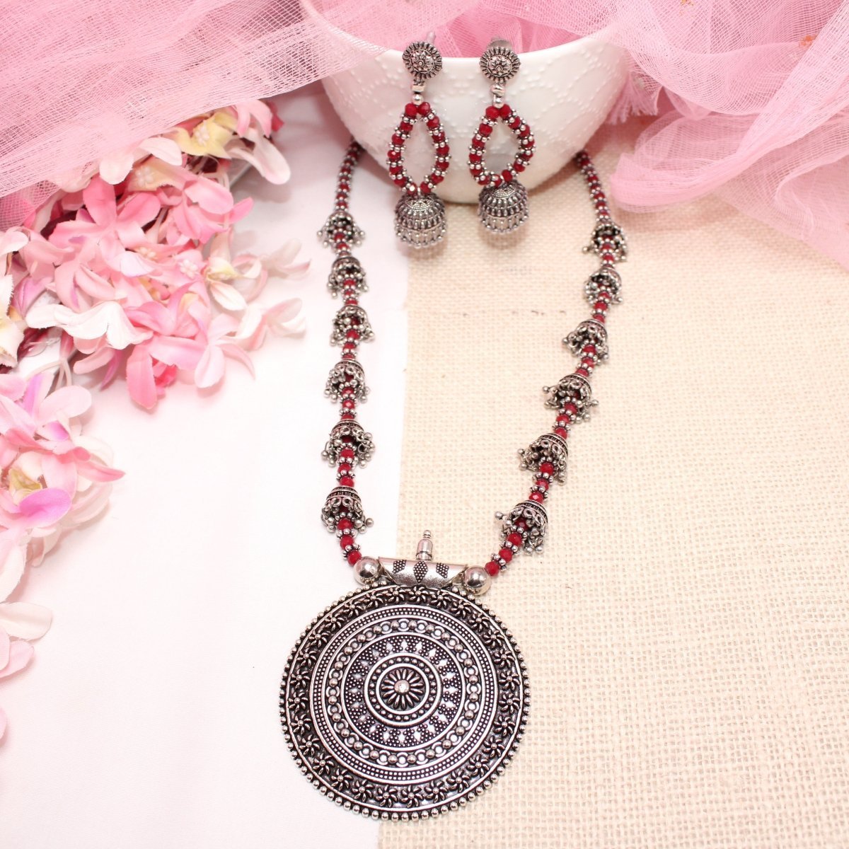 BANJARA PENDANT SET-JHUMKI PATTERN-CHAKRA-RED