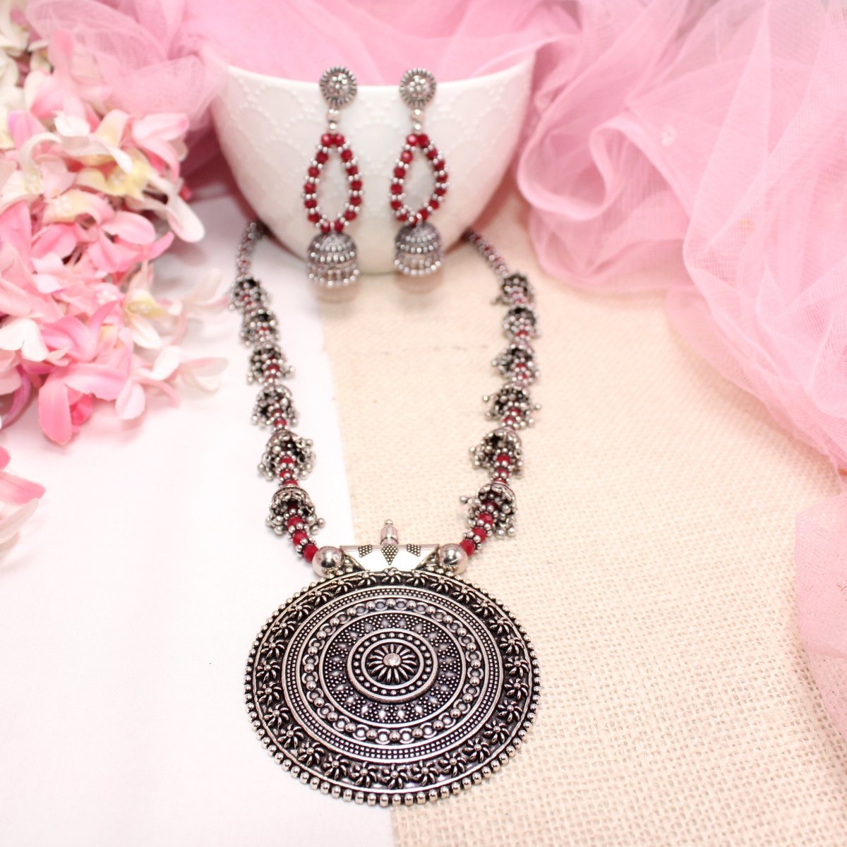 BANJARA PENDANT SET - JHUMKI PATTERN - CHAKRA - RED