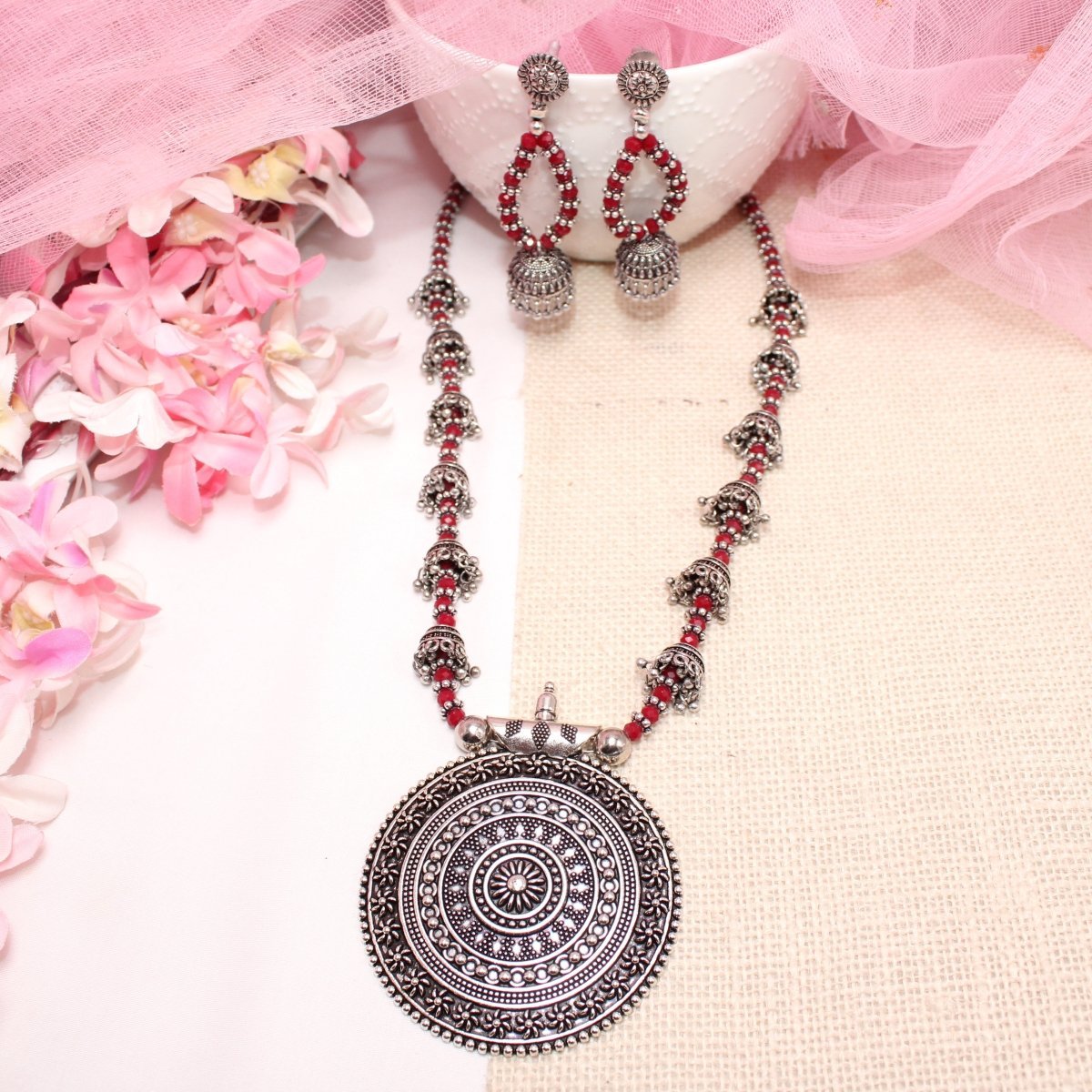 BANJARA PENDANT SET - JHUMKI PATTERN - CHAKRA - RED