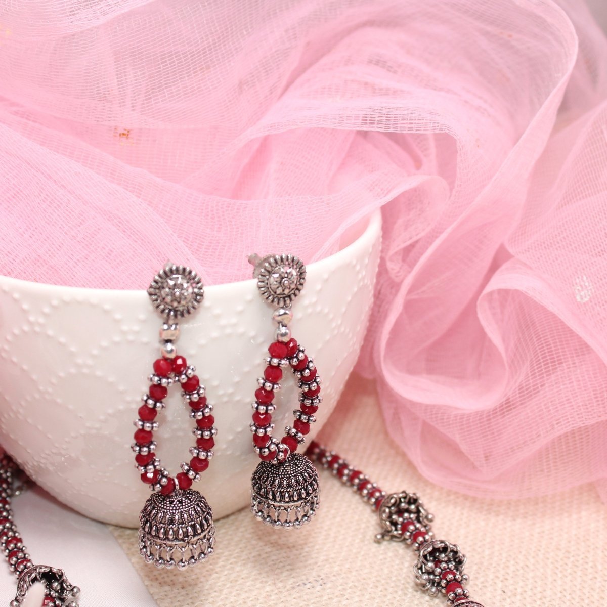 BANJARA PENDANT SET - JHUMKI PATTERN - CHAKRA - RED