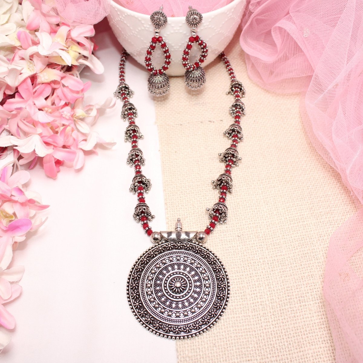 BANJARA PENDANT SET - JHUMKI PATTERN - CHAKRA - RED