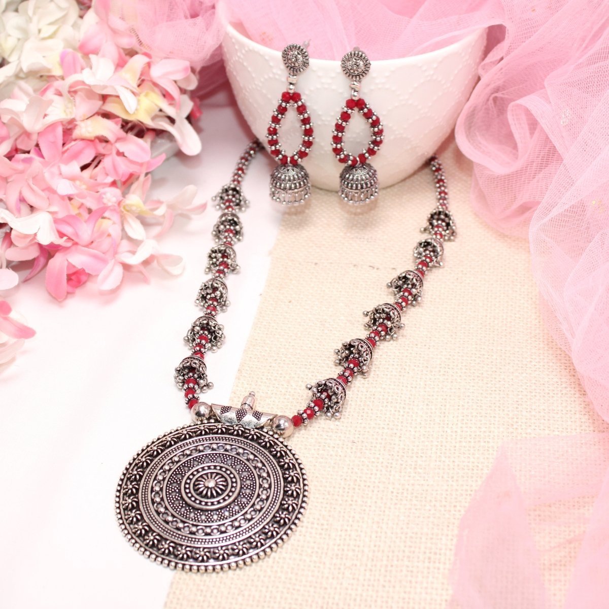 BANJARA PENDANT SET-JHUMKI PATTERN-CHAKRA-RED