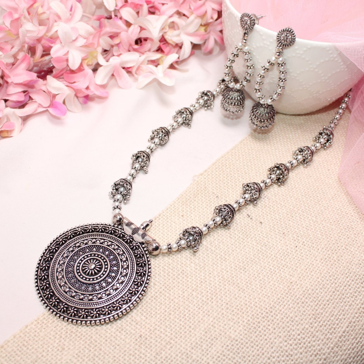 BANJARA PENDANT SET-JHUMKI PATTERN-CHAKRA-WHITE