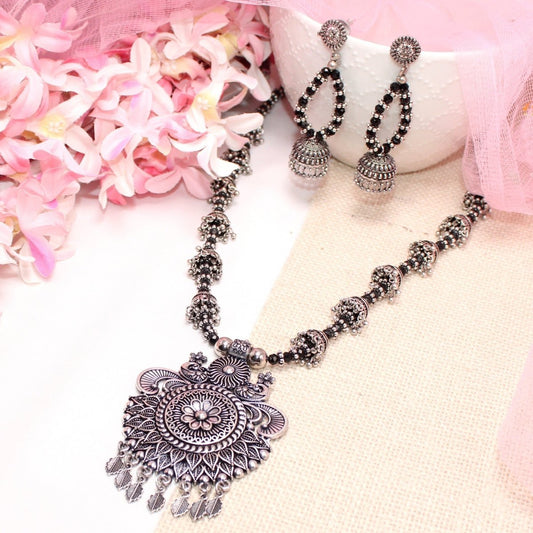 BANJARA PENDANT SET-JHUMKI PATTERN-PEACOCK PAIR-BLACK
