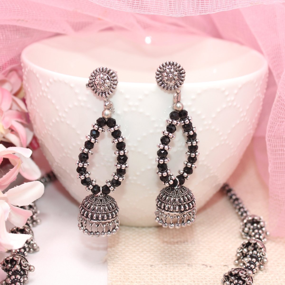 BANJARA PENDANT SET-JHUMKI PATTERN-PEACOCK PAIR-BLACK