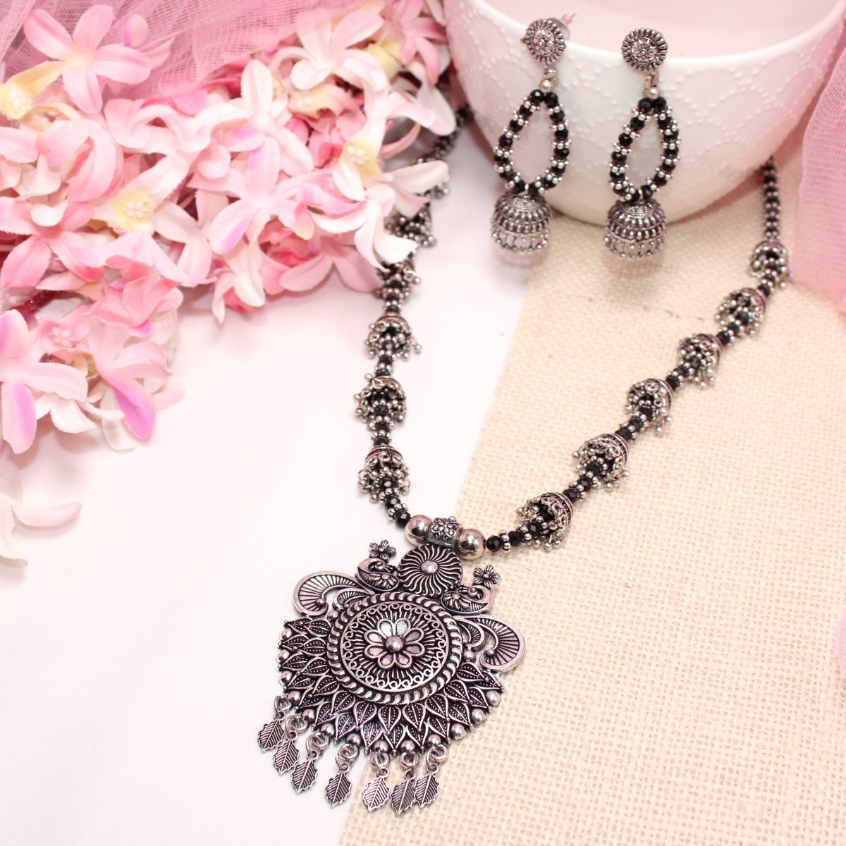 BANJARA PENDANT SET-JHUMKI PATTERN-PEACOCK PAIR-BLACK