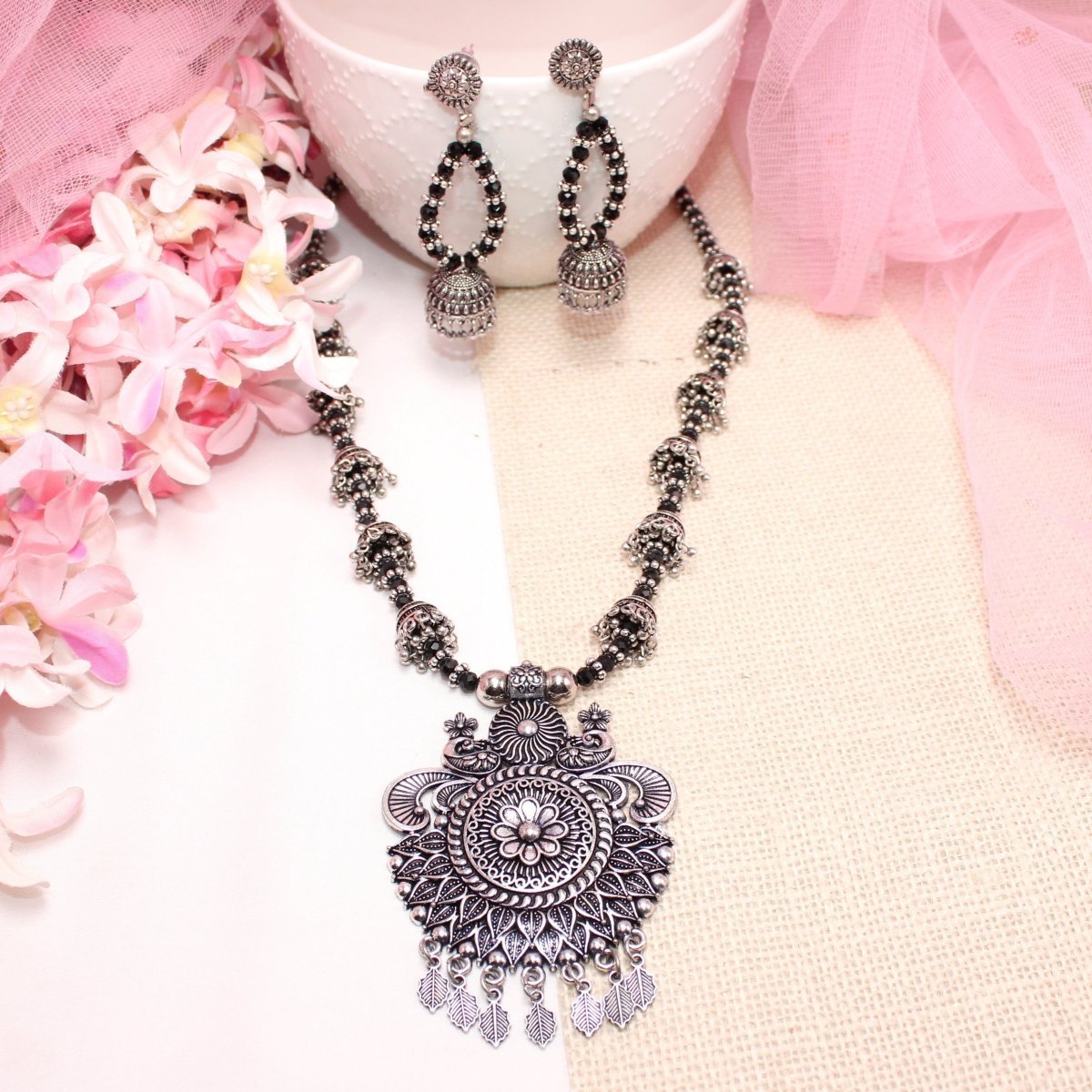 BANJARA PENDANT SET-JHUMKI PATTERN-PEACOCK PAIR-BLACK