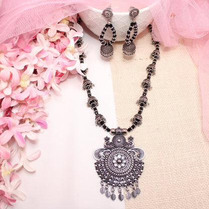 BANJARA PENDANT SET-JHUMKI PATTERN-PEACOCK PAIR-BLACK