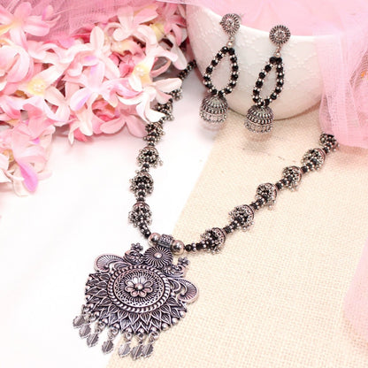 BANJARA PENDANT SET - JHUMKI PATTERN - PEACOCK PAIR - BLACK