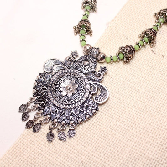 BANJARA PENDANT SET-JHUMKI PATTERN-PEACOCK PAIR-GREEN