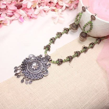 BANJARA PENDANT SET-JHUMKI PATTERN-PEACOCK PAIR-GREEN
