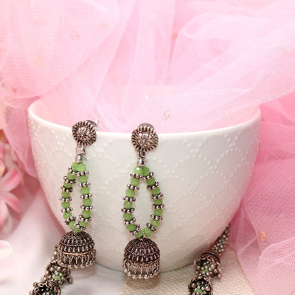 BANJARA PENDANT SET-JHUMKI PATTERN-PEACOCK PAIR-GREEN