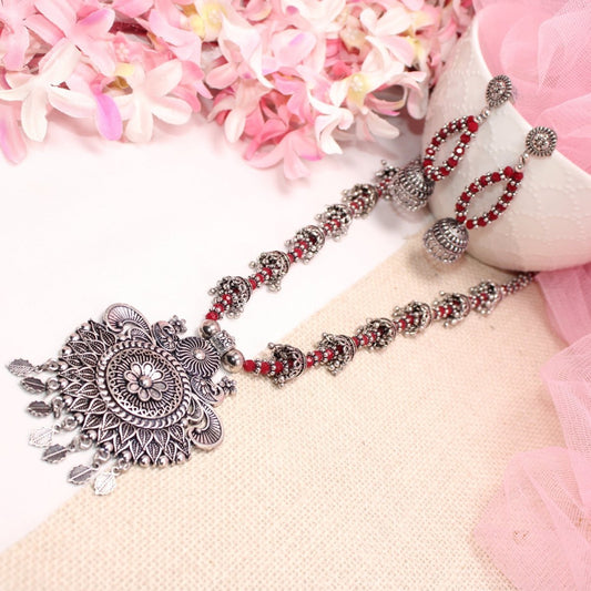 BANJARA PENDANT SET - JHUMKI PATTERN - PEACOCK PAIR - RED