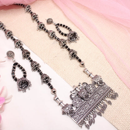 BANJARA PENDANT SET-JHUMKI PATTERN-RECTANGULAR PATTERN-BLACK