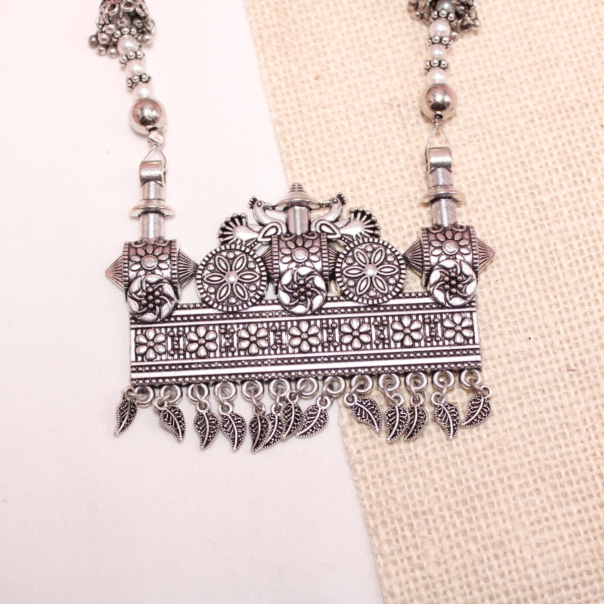 BANJARA PENDANT SET - JHUMKI PATTERN - RECTANGULAR PATTERN - WHITE
