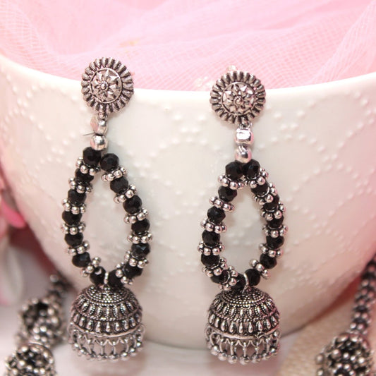 BANJARA PENDANT SET - JHUMKI PATTERN - SQUARE - BLACK