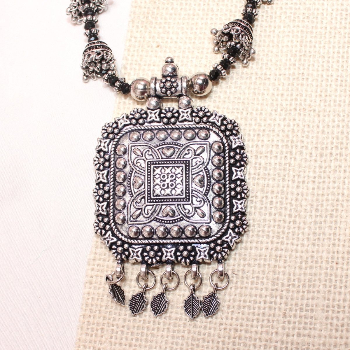 BANJARA PENDANT SET-JHUMKI PATTERN-SQUARE-BLACK