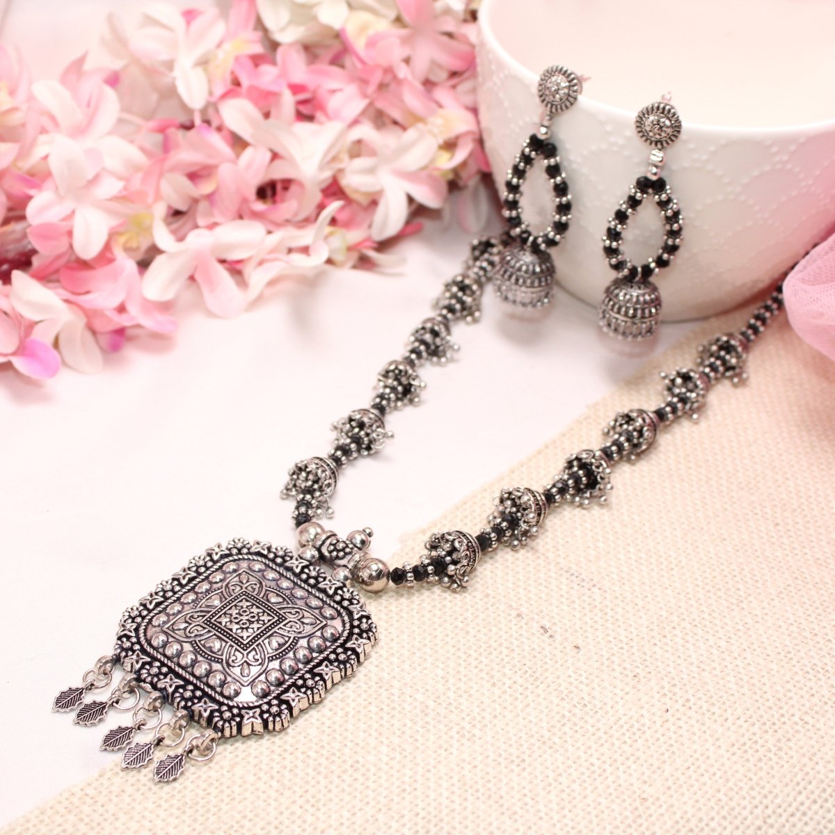 BANJARA PENDANT SET - JHUMKI PATTERN - SQUARE - BLACK