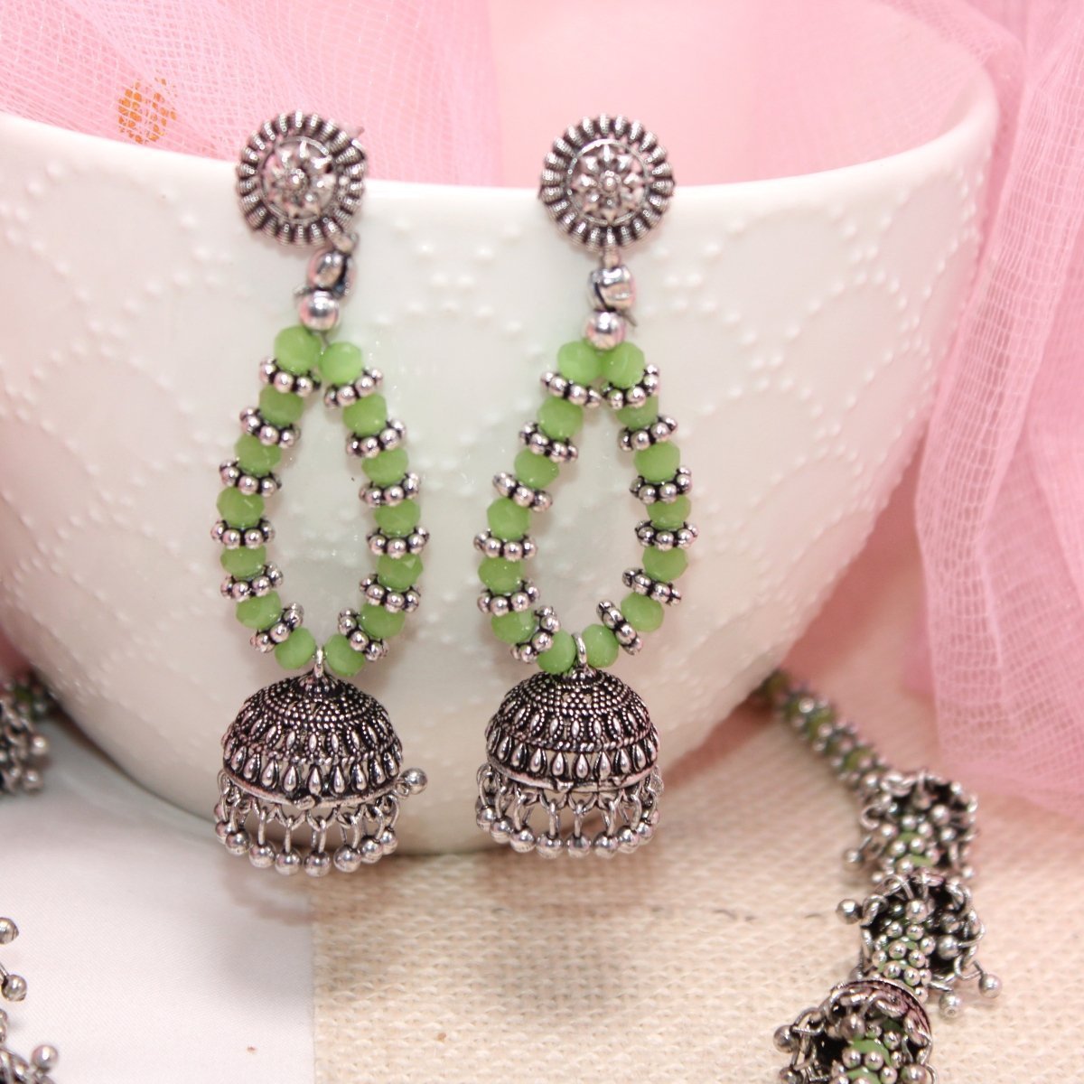 BANJARA PENDANT SET-JHUMKI PATTERN-SQUARE-GREEN