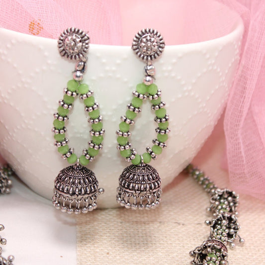 BANJARA PENDANT SET-JHUMKI PATTERN-SQUARE-GREEN