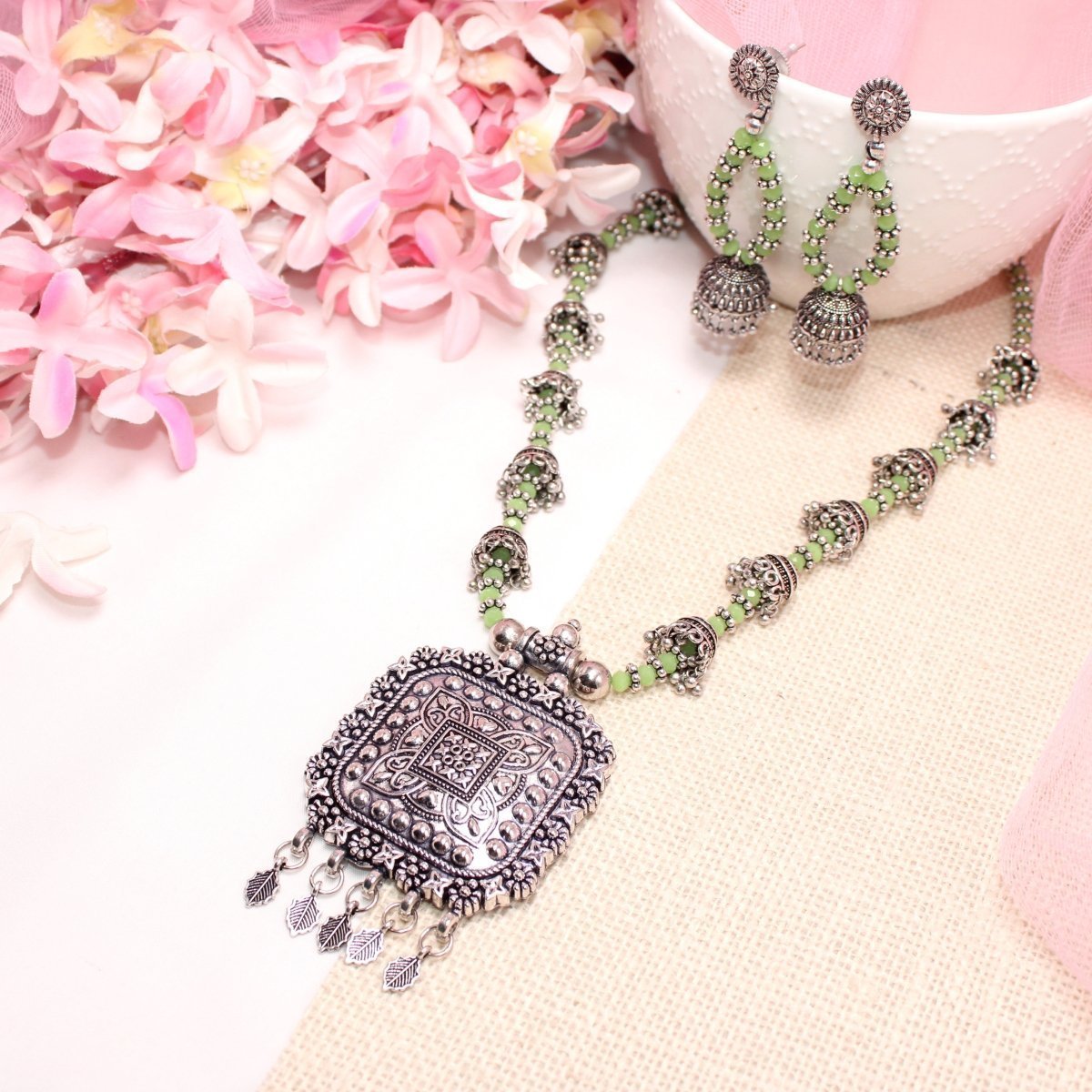 BANJARA PENDANT SET-JHUMKI PATTERN-SQUARE-GREEN