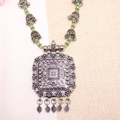 BANJARA PENDANT SET-JHUMKI PATTERN-SQUARE-GREEN