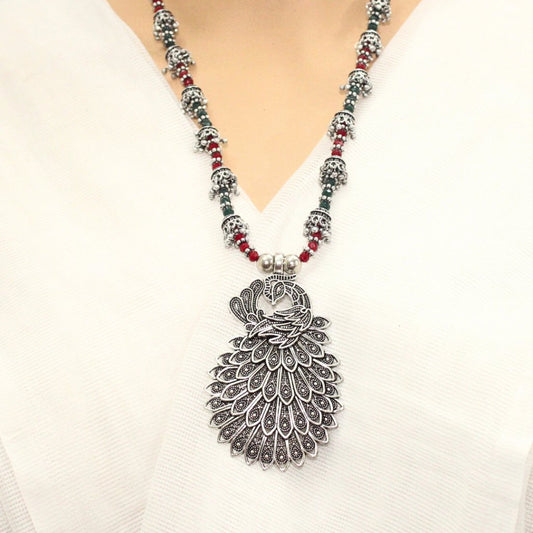 BANJARA PENDANT SET - PEACOCK PATTERN - MAROON&GREEN BEADS