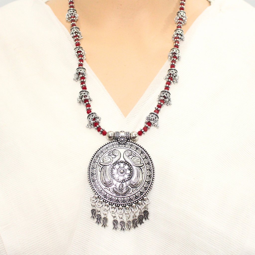 BANJARA PENDANT SET-ROUND SHAPE-MAROON COLOUR- PEACOCK PATTERN