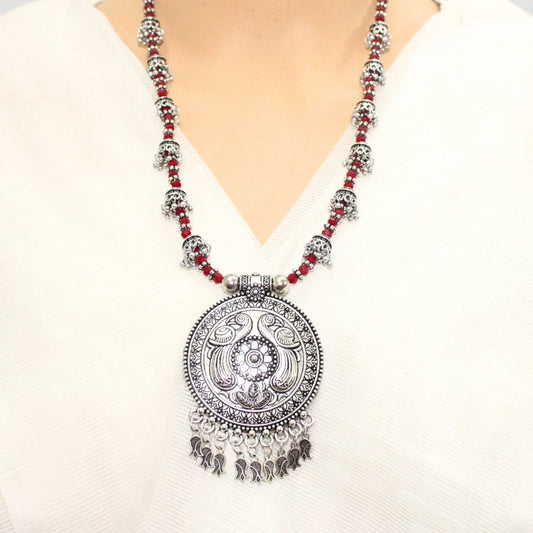BANJARA PENDANT SET-ROUND SHAPE-MAROON COLOUR- PEACOCK PATTERN