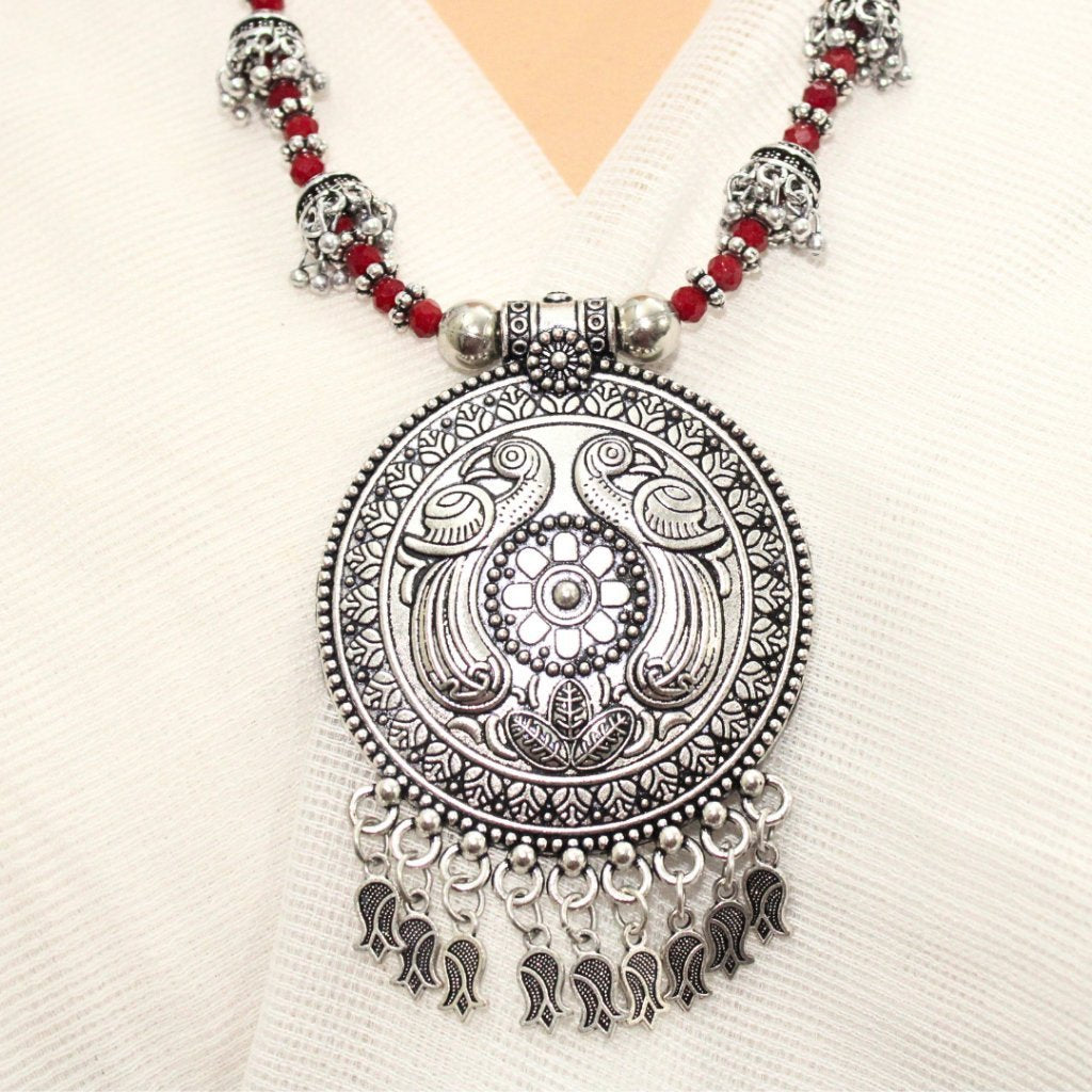 BANJARA PENDANT SET-ROUND SHAPE-MAROON COLOUR- PEACOCK PATTERN