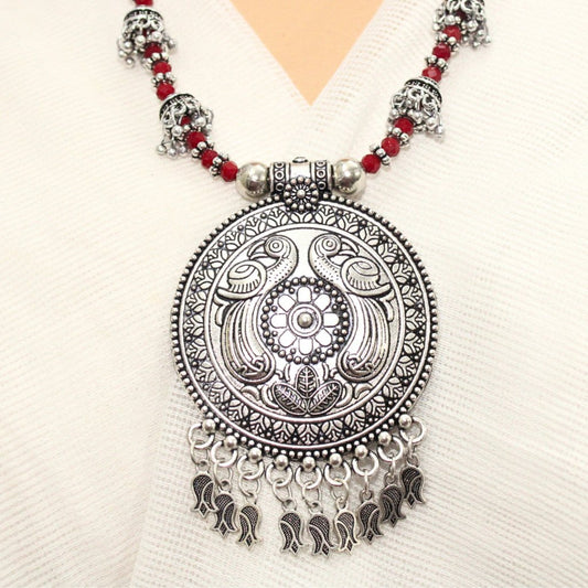 BANJARA PENDANT SET - ROUND SHAPE - MAROON COLOUR - PEACOCK PATTERN