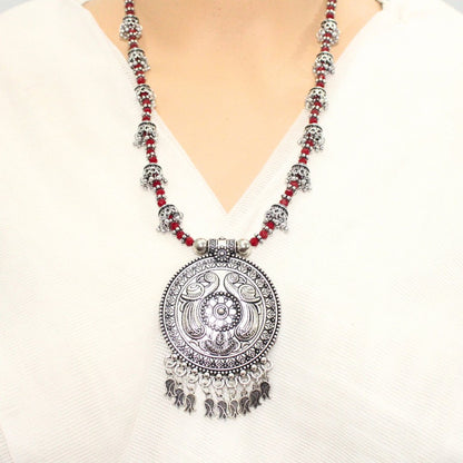BANJARA PENDANT SET - ROUND SHAPE - MAROON COLOUR - PEACOCK PATTERN