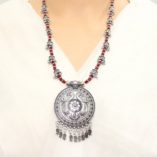 BANJARA PENDANT SET - ROUND SHAPE - MAROON COLOUR - PEACOCK PATTERN