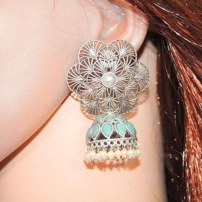 BIG FLOWER JAALI JHUMKA- SKY BLUE