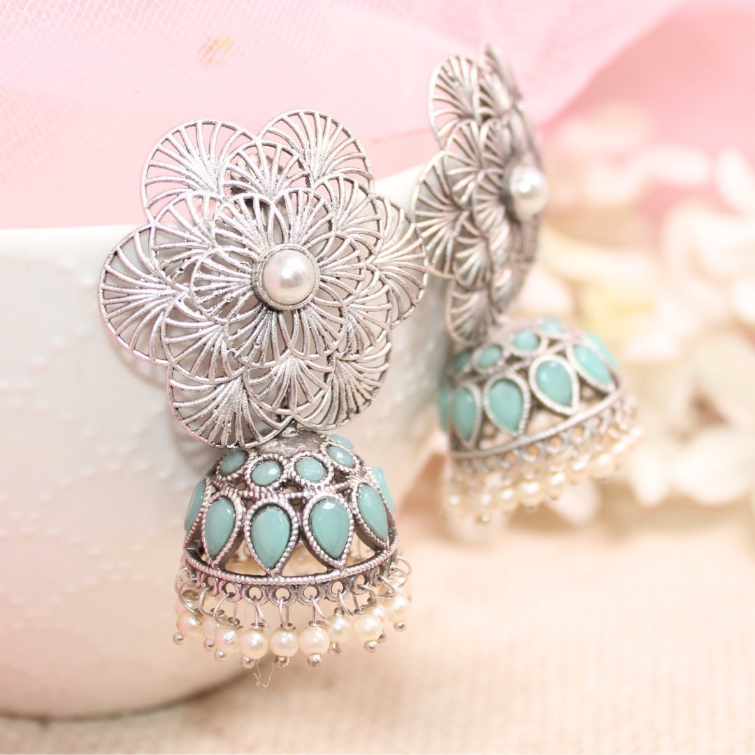 BIG FLOWER JAALI JHUMKA- SKY BLUE