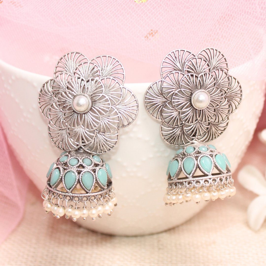 BIG FLOWER JAALI JHUMKA- SKY BLUE