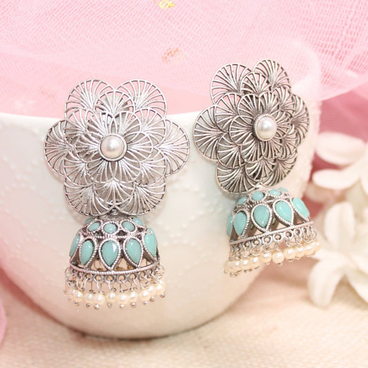 BIG FLOWER JAALI JHUMKA - SKY BLUE