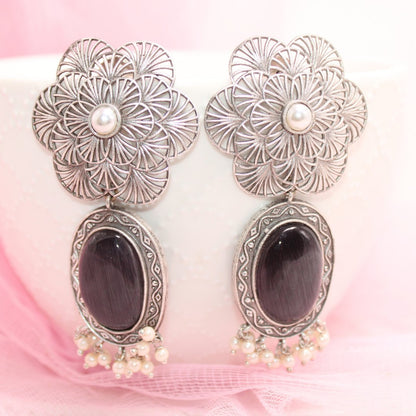 BIG FLOWER JAALI WITH MONALISA STONE EARRING - BLACK